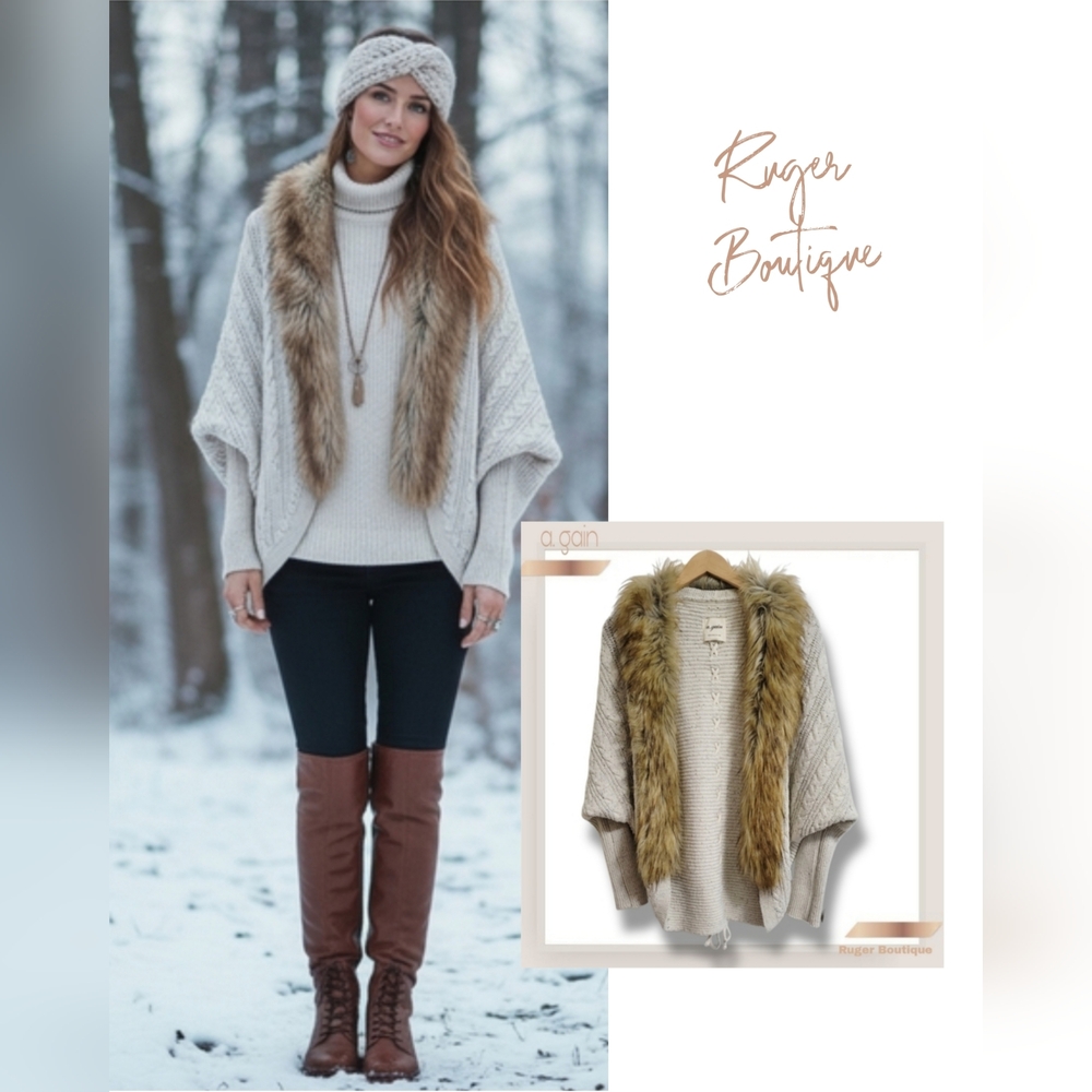 🌿Cozy A.Gain Wool Blend Faux Fur Open Cardigan Cable Knit Cream Sweater Sz Lg